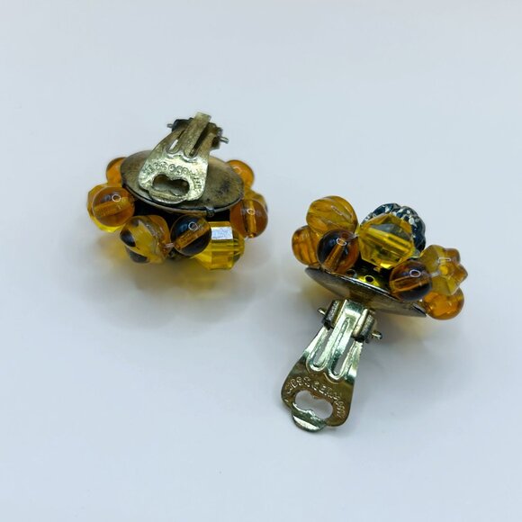 Vintage 1950s Western Germany Beaded Clip-On Earrings, Amber Tone Cluster Style - Picture 13 of 14